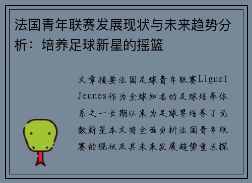 法国青年联赛发展现状与未来趋势分析：培养足球新星的摇篮
